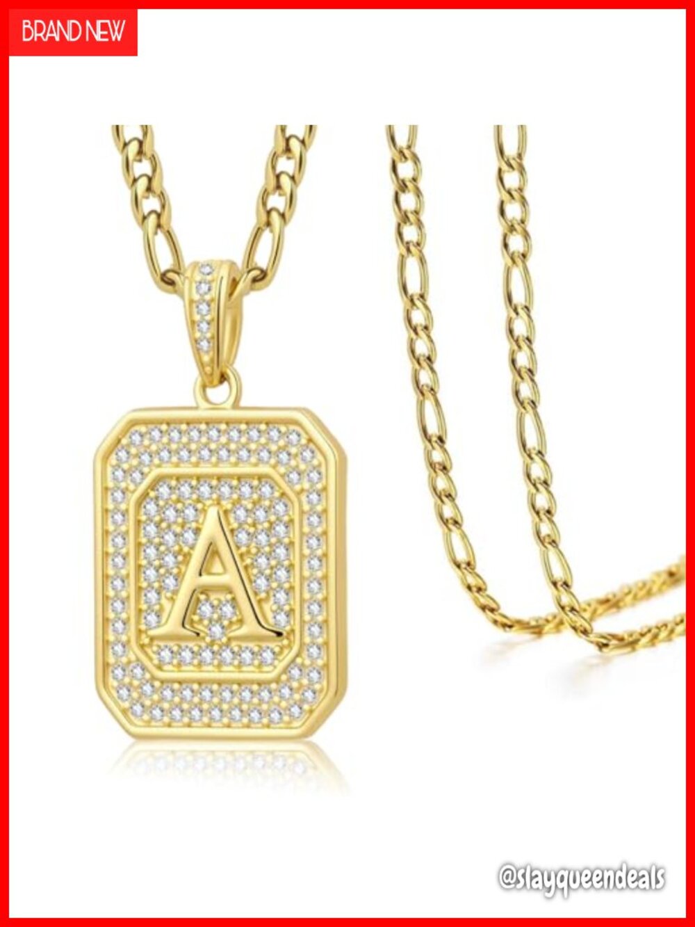 Gold Plated Initial Necklace Square Letter Pendant Cubic Zirconia Figaro 20"